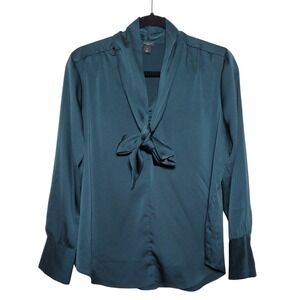 Ann Taylor Petite Teal Blue Satin Tie Neck‎ Blouse Button Front Long Sleeve Top